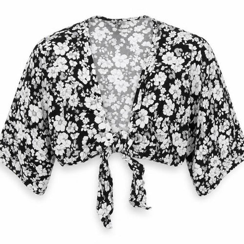 New Look Womens Black Floral Polyester Wrap Blouse Size 6 V-Neck - Cropped