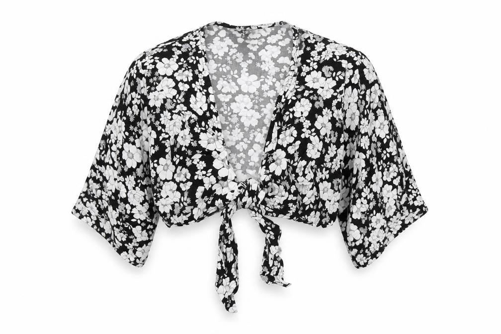New Look Womens Black Floral Polyester Wrap Blouse Size 6 V-Neck - Cropped