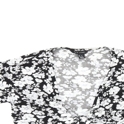 New Look Womens Black Floral Polyester Wrap Blouse Size 6 V-Neck - Cropped