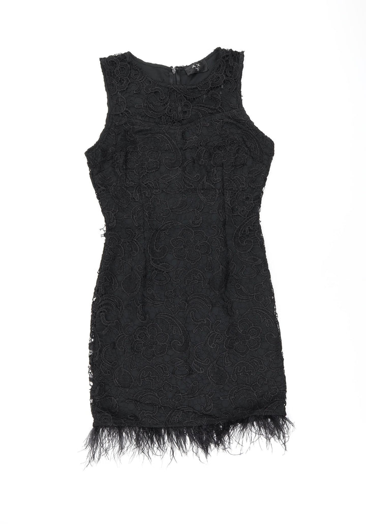 AX Paris Womens Black Floral Polyester Bodycon Size 10 Round Neck Zip - Feather Hem