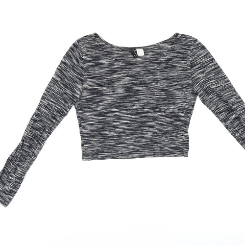 H&M Womens Black Geometric Viscose Cropped T-Shirt Size S Scoop Neck