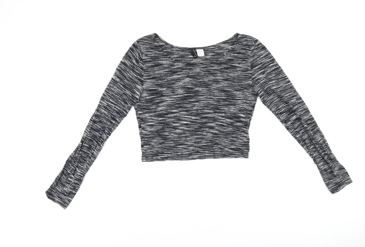 H&M Womens Black Geometric Viscose Cropped T-Shirt Size S Scoop Neck