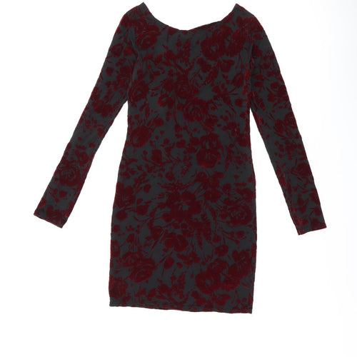 Boohoo Womens Black Floral Polyester Bodycon Size 8 Boat Neck Pullover - Cut Out Back