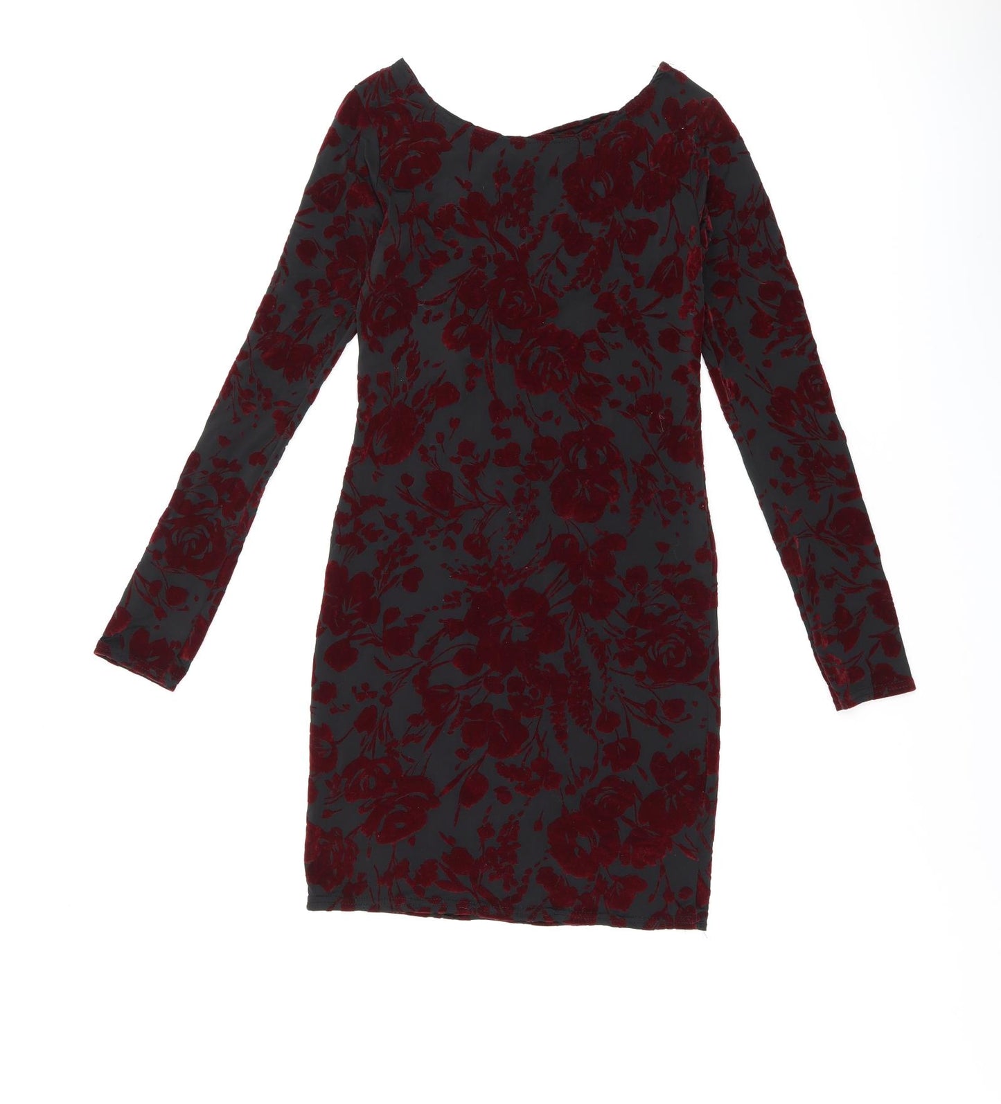 Boohoo Womens Black Floral Polyester Bodycon Size 8 Boat Neck Pullover - Cut Out Back