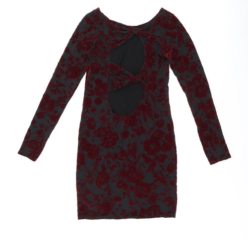 Boohoo Womens Black Floral Polyester Bodycon Size 8 Boat Neck Pullover - Cut Out Back