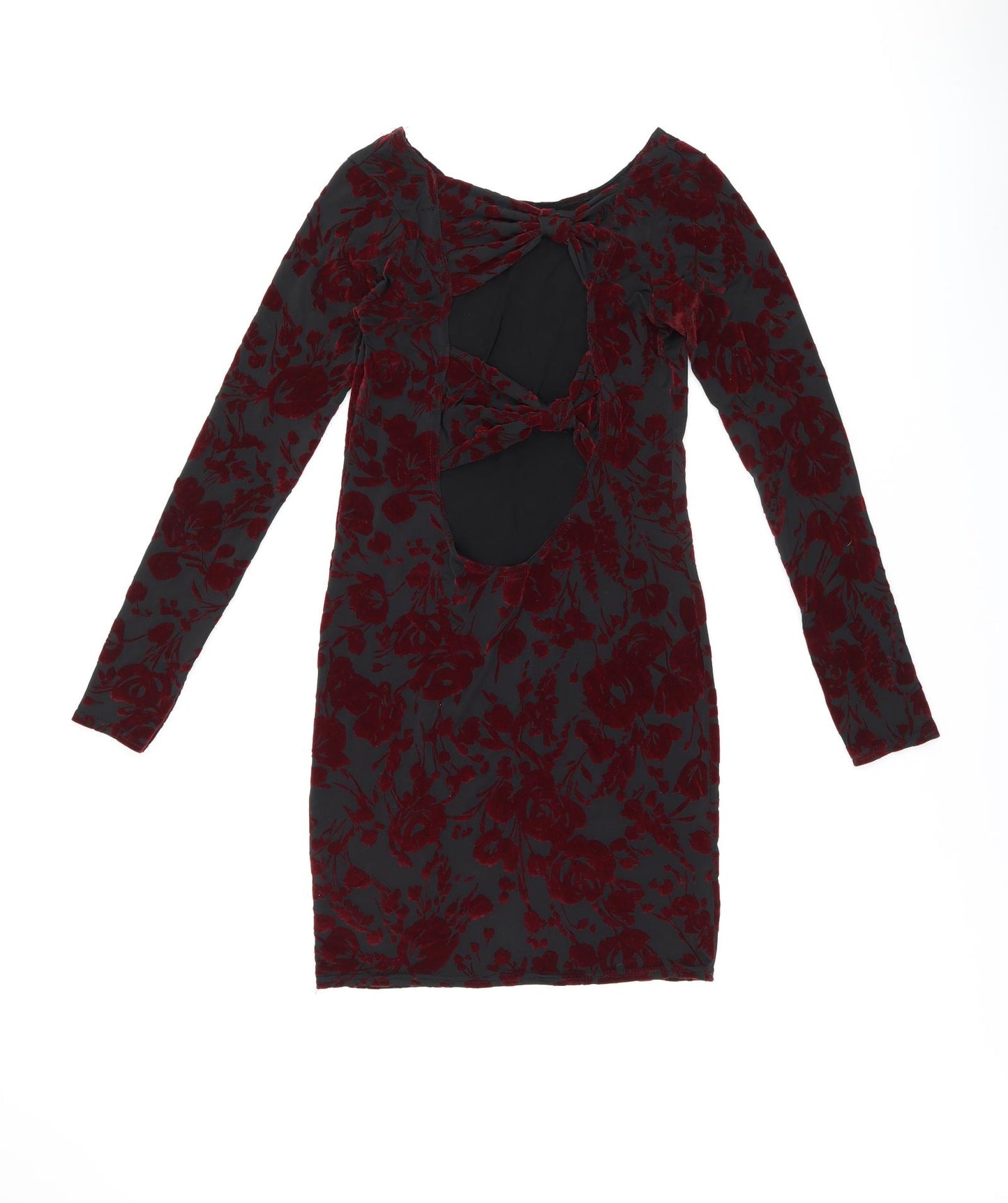 Boohoo Womens Black Floral Polyester Bodycon Size 8 Boat Neck Pullover - Cut Out Back