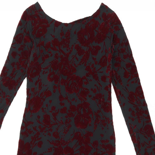 Boohoo Womens Black Floral Polyester Bodycon Size 8 Boat Neck Pullover - Cut Out Back