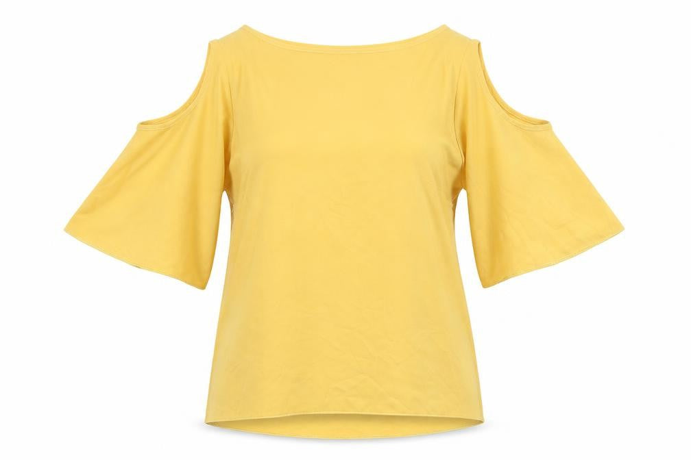 Marina Kaneva Womens Yellow Polyester Basic Blouse Size 10 V-Neck - Cold Shoulders