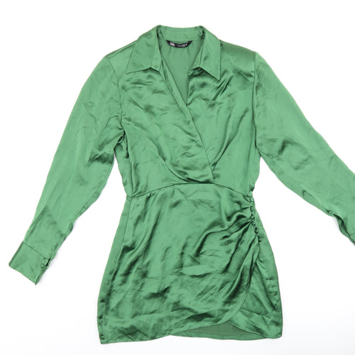 Zara Womens Green Polyester Shirt Dress Size S Collared Zip