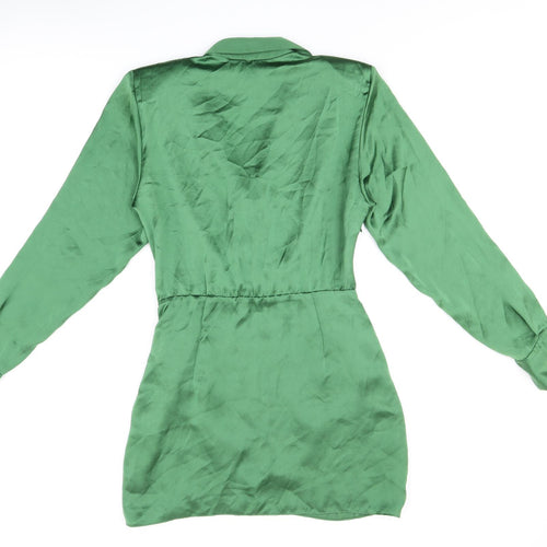 Zara Womens Green Polyester Shirt Dress Size S Collared Zip