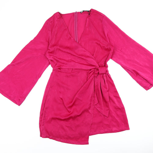 Zara Womens Pink Polyester Wrap Dress Size L V-Neck Zip