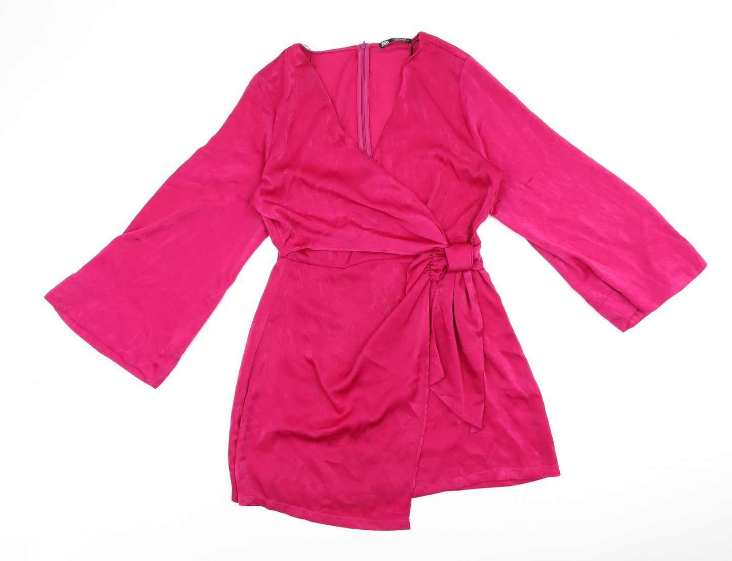 Zara Womens Pink Polyester Wrap Dress Size L V-Neck Zip