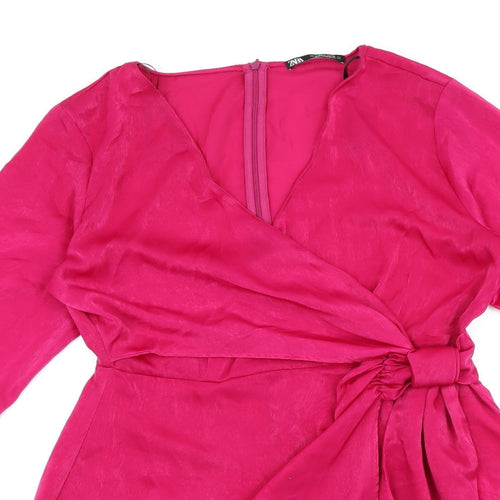Zara Womens Pink Polyester Wrap Dress Size L V-Neck Zip