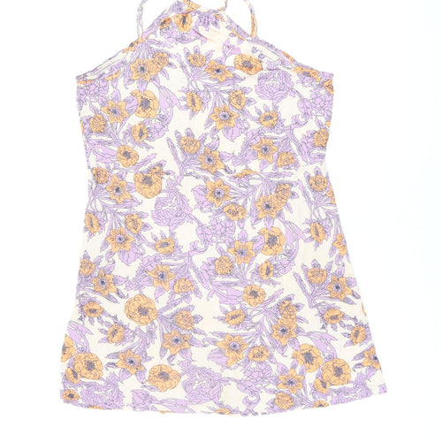 H&M Womens Purple Floral Viscose Skater Dress Size S V-Neck Pullover