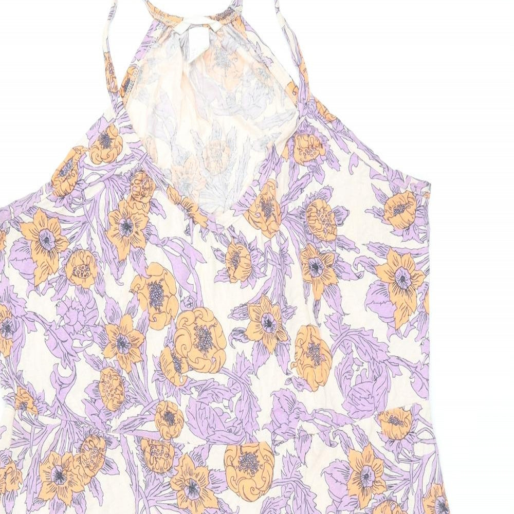 H&M Womens Purple Floral Viscose Skater Dress Size S V-Neck Pullover