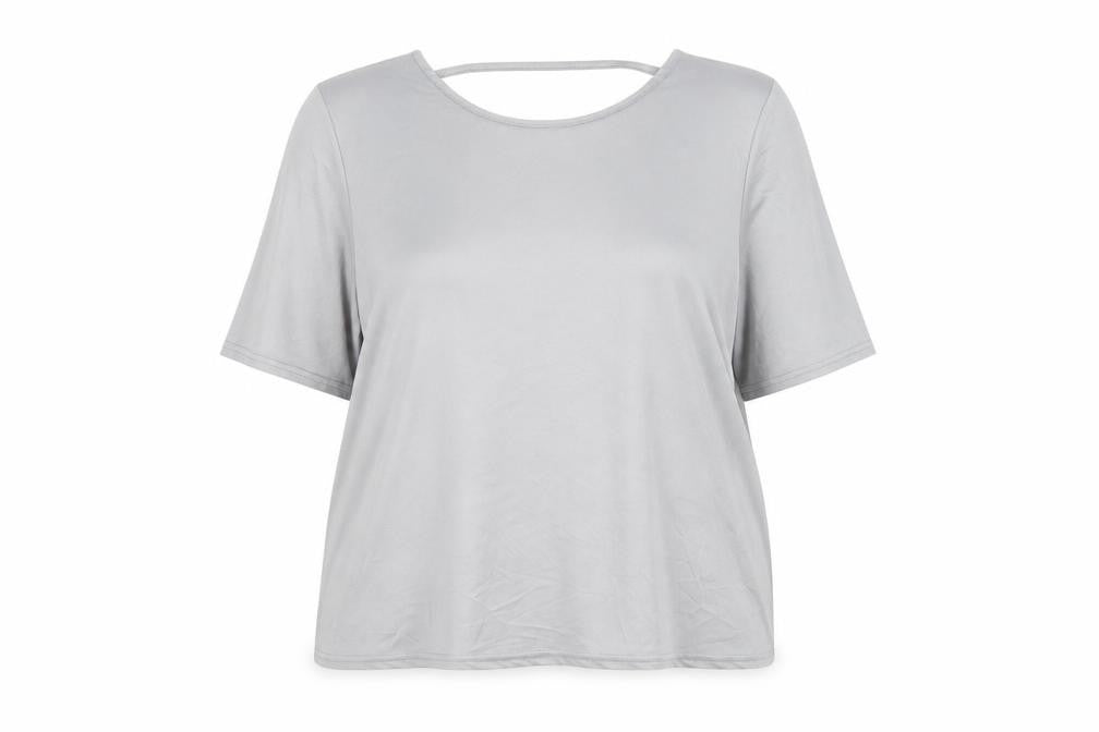 Front view of River Island women’s grey polyester basic t-shirt, size UK 8, round neck