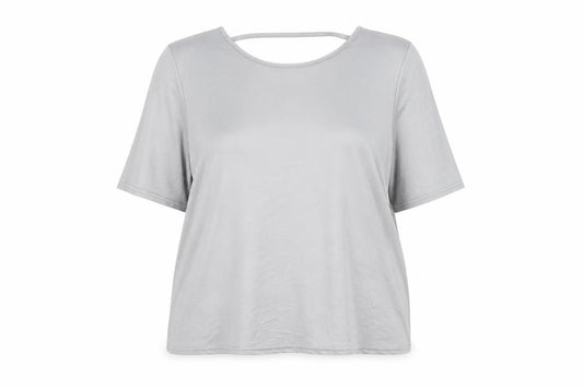 Front view of River Island women’s grey polyester basic t-shirt, size UK 8, round neck