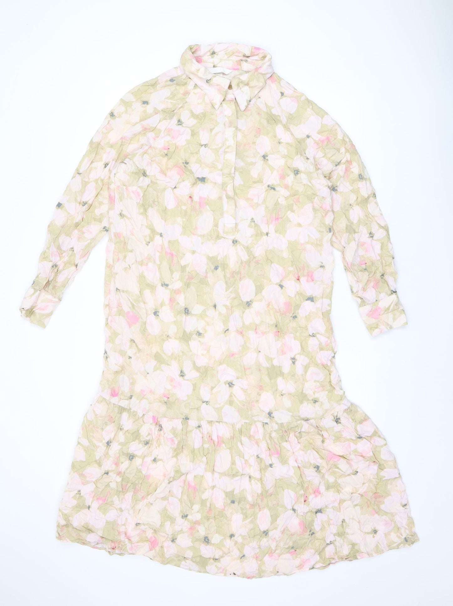 H&M Womens Pink Floral Viscose Shirt Dress Size L Collared Button