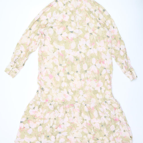 H&M Womens Pink Floral Viscose Shirt Dress Size L Collared Button