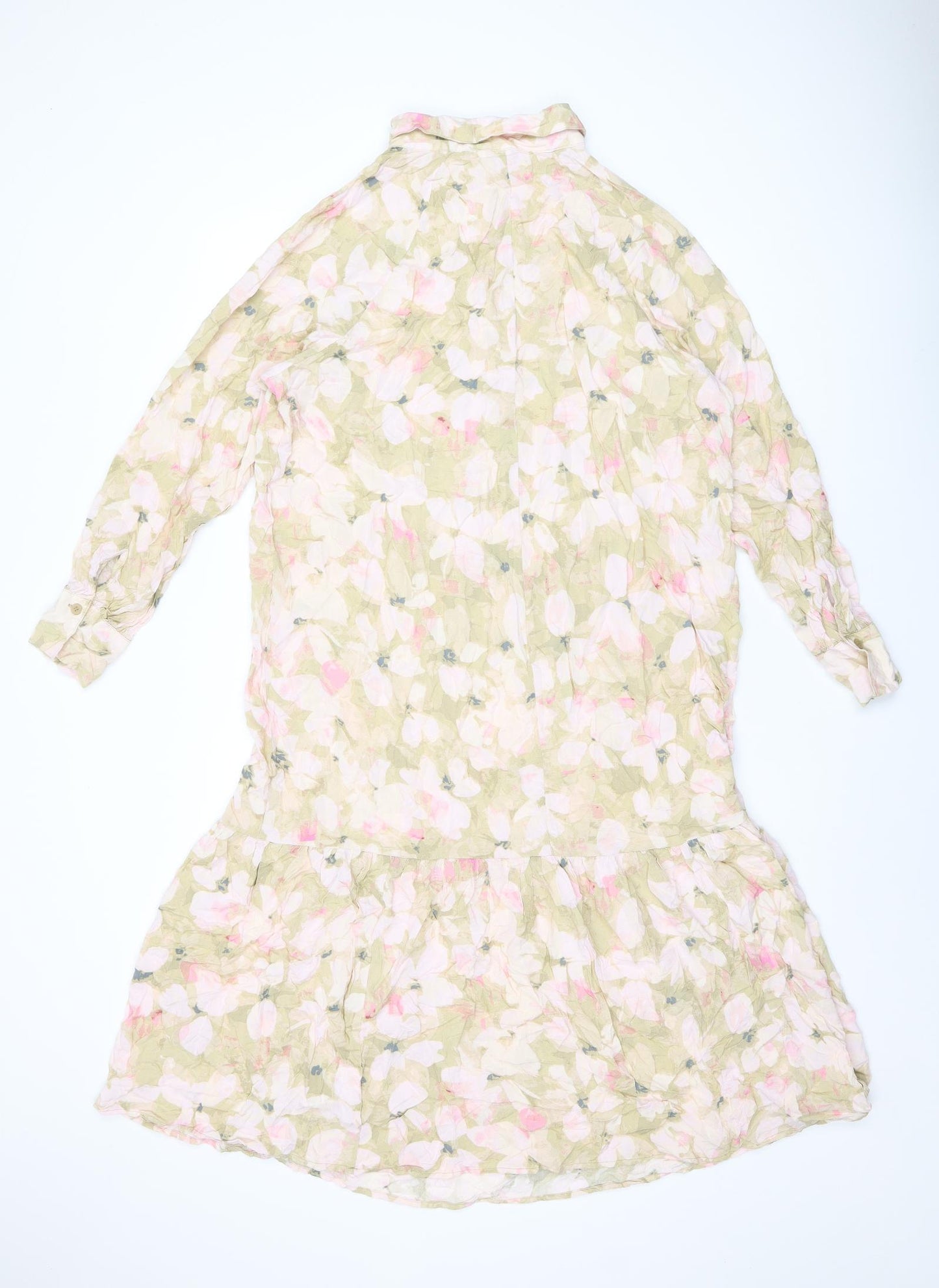H&M Womens Pink Floral Viscose Shirt Dress Size L Collared Button