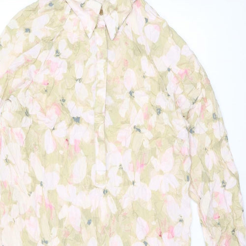 H&M Womens Pink Floral Viscose Shirt Dress Size L Collared Button