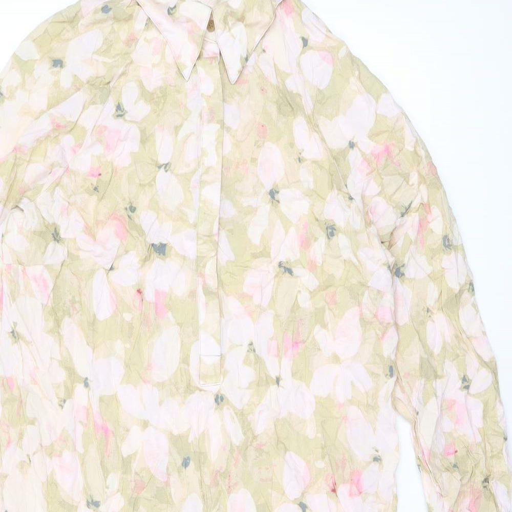 H&M Womens Pink Floral Viscose Shirt Dress Size L Collared Button