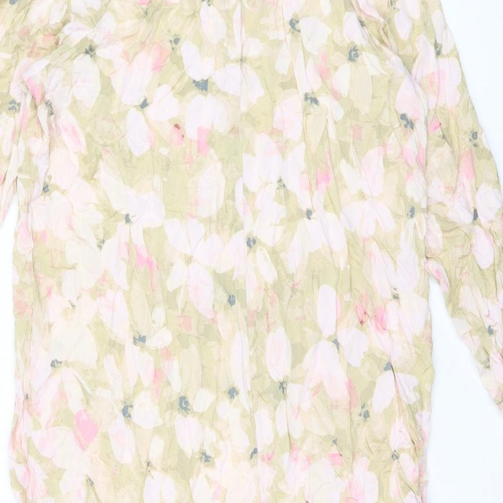 H&M Womens Pink Floral Viscose Shirt Dress Size L Collared Button