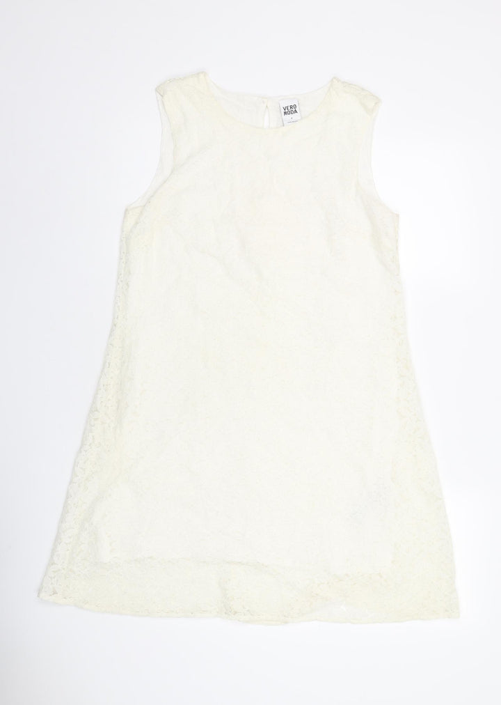 VERO MODA Womens White Floral Polyamide Shift Size M Boat Neck Button