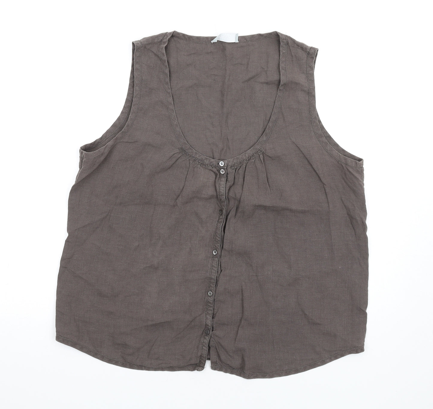 NICOLE FARHI Womens Brown Linen Basic Button-Up Size 14 Scoop Neck