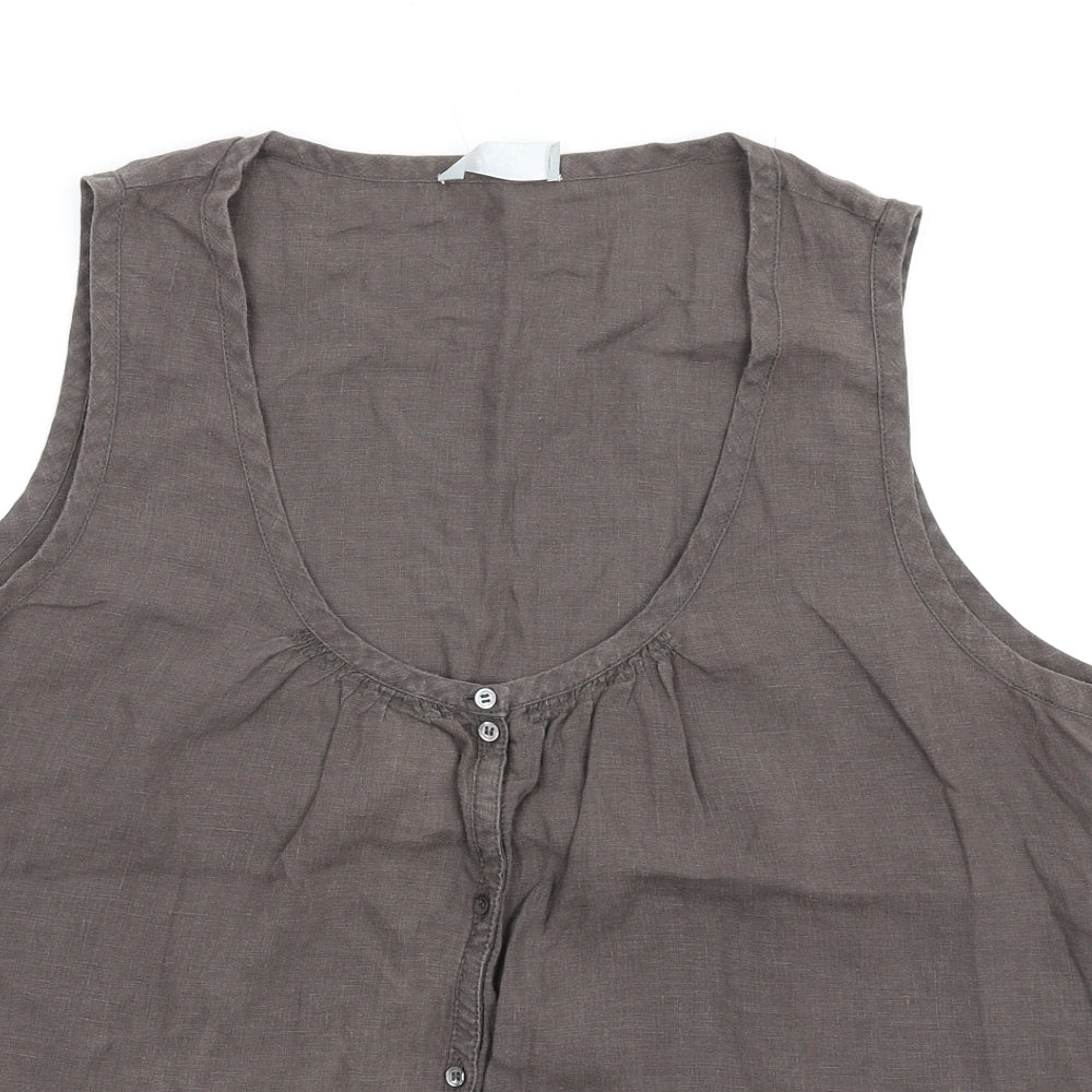 NICOLE FARHI Womens Brown Linen Basic Button-Up Size 14 Scoop Neck