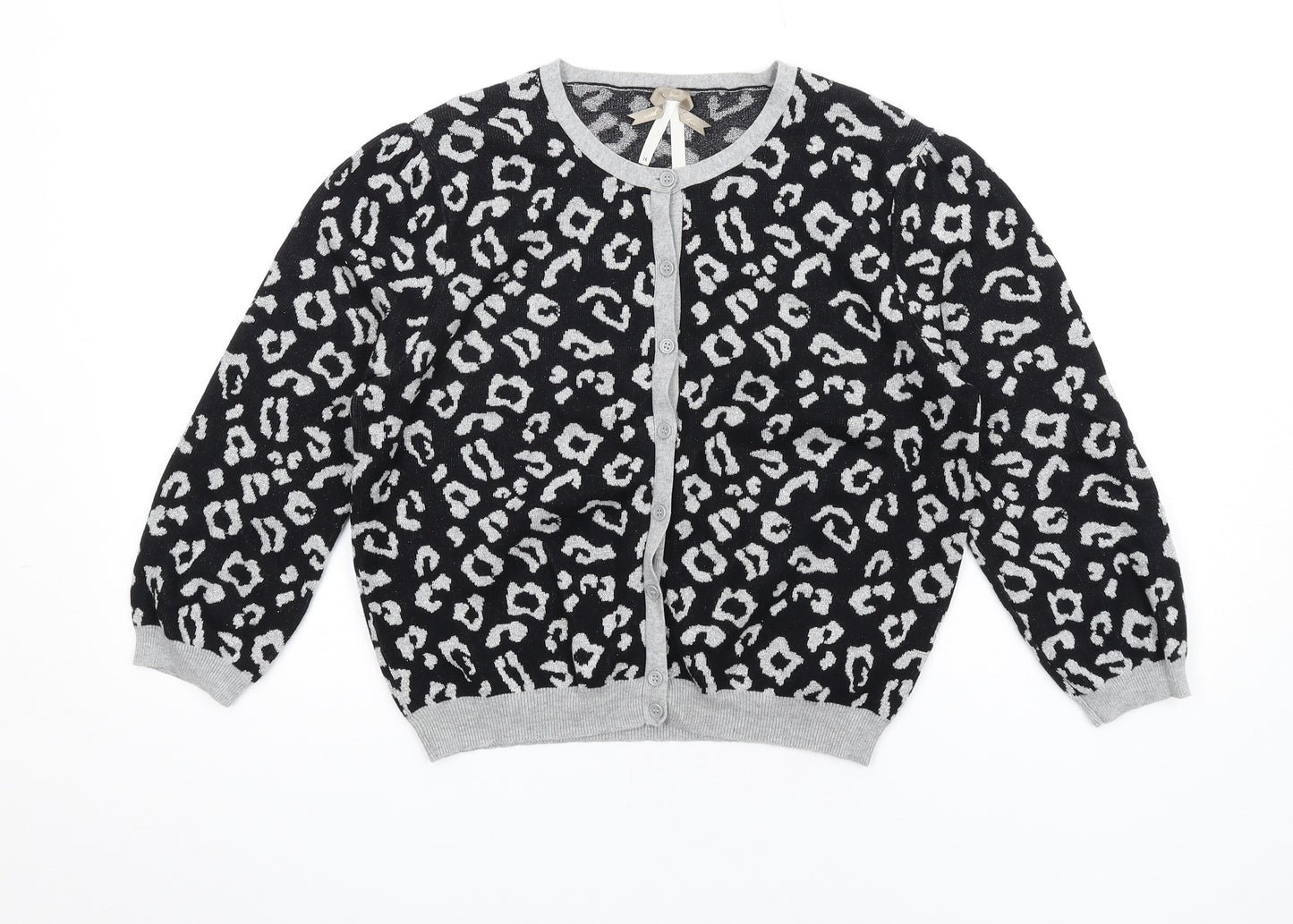 NEXT Womens Black Round Neck Animal Print Cotton Cardigan Jumper Size 14 - Leopard Pattern
