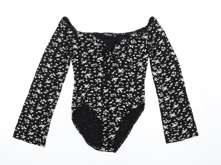 Nasty Gal Womens Black Floral Viscose Bodysuit One-Piece Size 6 Snap