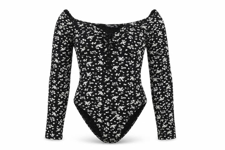Nasty Gal Womens Black Floral Viscose Bodysuit One-Piece Size 6 Snap