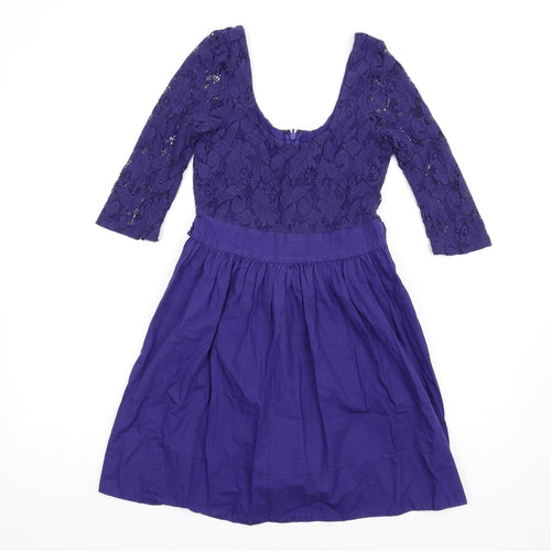 Topshop Womens Purple Cotton Fit & Flare Size 10 Scoop Neck Zip