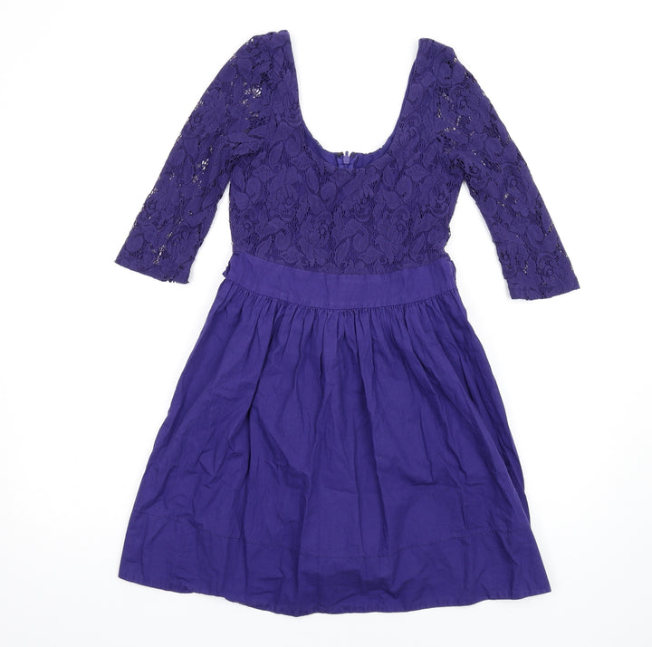 Topshop Womens Purple Cotton Fit & Flare Size 10 Scoop Neck Zip