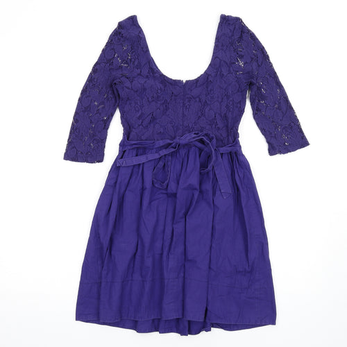 Topshop Womens Purple Cotton Fit & Flare Size 10 Scoop Neck Zip