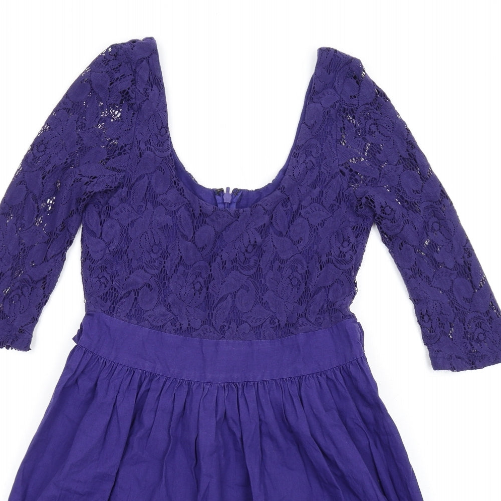 Topshop Womens Purple Cotton Fit & Flare Size 10 Scoop Neck Zip