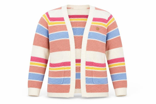 Front view of Piping Hot women’s multicoloured v-neck striped acrylic cardigan jumper, size UK 12