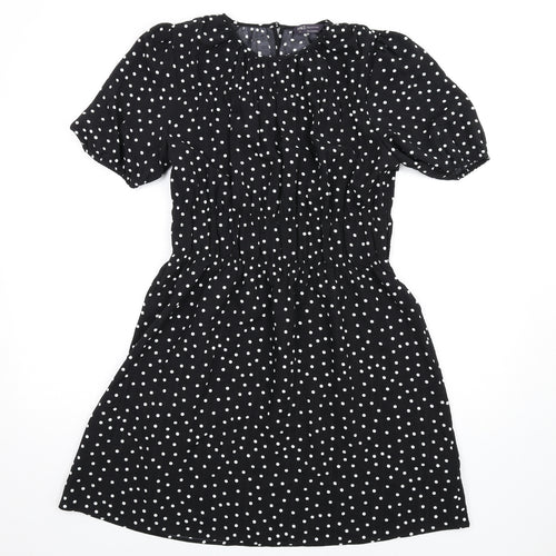 Marks and Spencer Womens Black Polka Dot Polyester A-Line Size 10 Round Neck Button