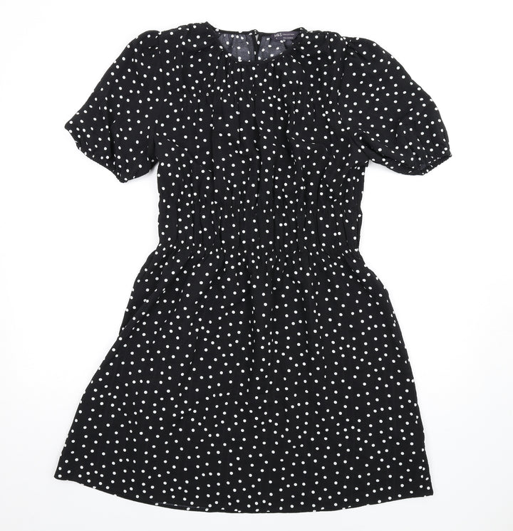 Marks and Spencer Womens Black Polka Dot Polyester A-Line Size 10 Round Neck Button