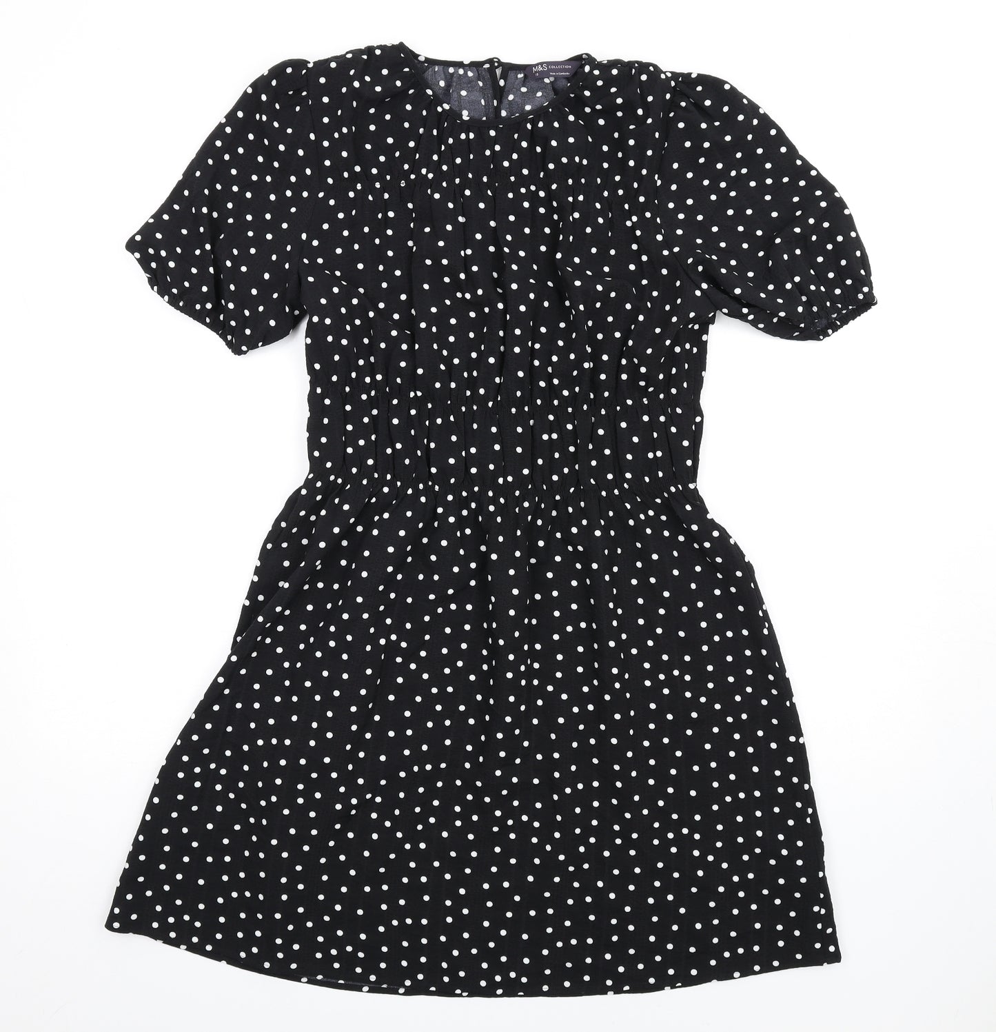 Marks and Spencer Womens Black Polka Dot Polyester A-Line Size 10 Round Neck Button