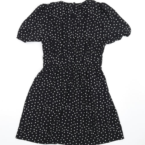 Marks and Spencer Womens Black Polka Dot Polyester A-Line Size 10 Round Neck Button
