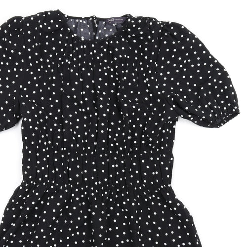 Marks and Spencer Womens Black Polka Dot Polyester A-Line Size 10 Round Neck Button