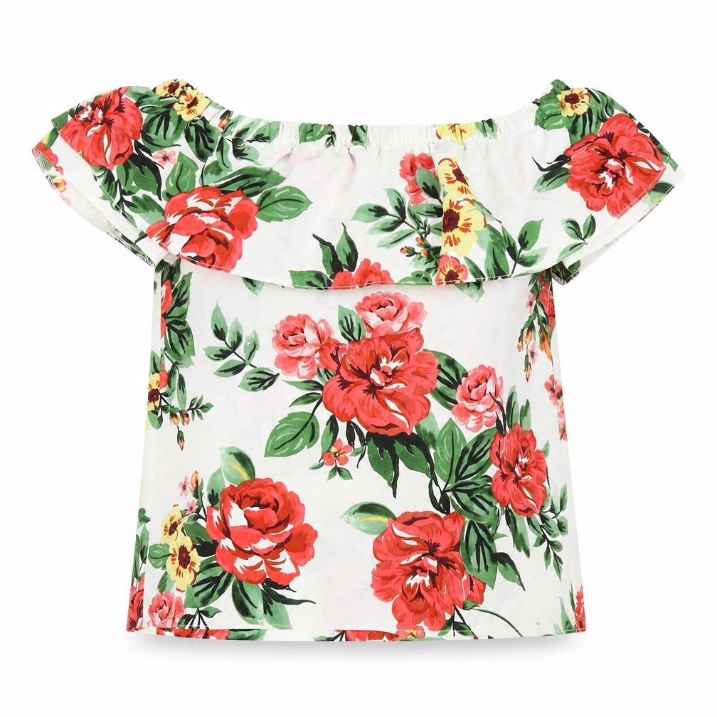 Front view of Dorothy Perkins women’s multicoloured floral polyester basic t-shirt, size UK 8, off the shoulder