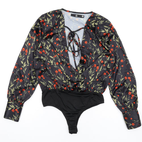 Missguided Womens Black Floral Polyester Bodysuit One-Piece Size 10 Snap