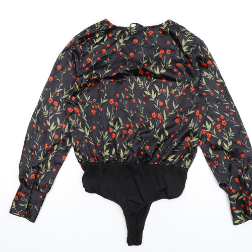 Missguided Womens Black Floral Polyester Bodysuit One-Piece Size 10 Snap