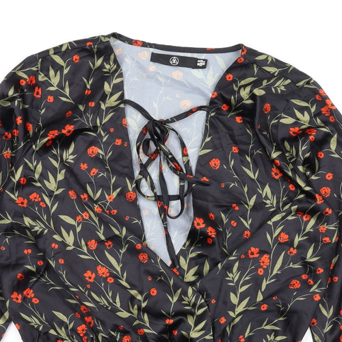Missguided Womens Black Floral Polyester Bodysuit One-Piece Size 10 Snap