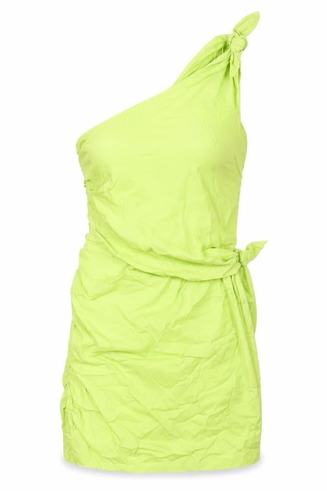 Front view of Zara women’s green polyester mini, size L, one shoulder zip
