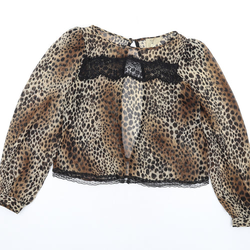 River Island Womens Brown Animal Print Polyester Basic Blouse Size 6 Round Neck - Leopard Print Lace Trim Open Back