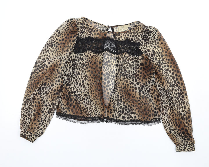 River Island Womens Brown Animal Print Polyester Basic Blouse Size 6 Round Neck - Leopard Print Lace Trim Open Back